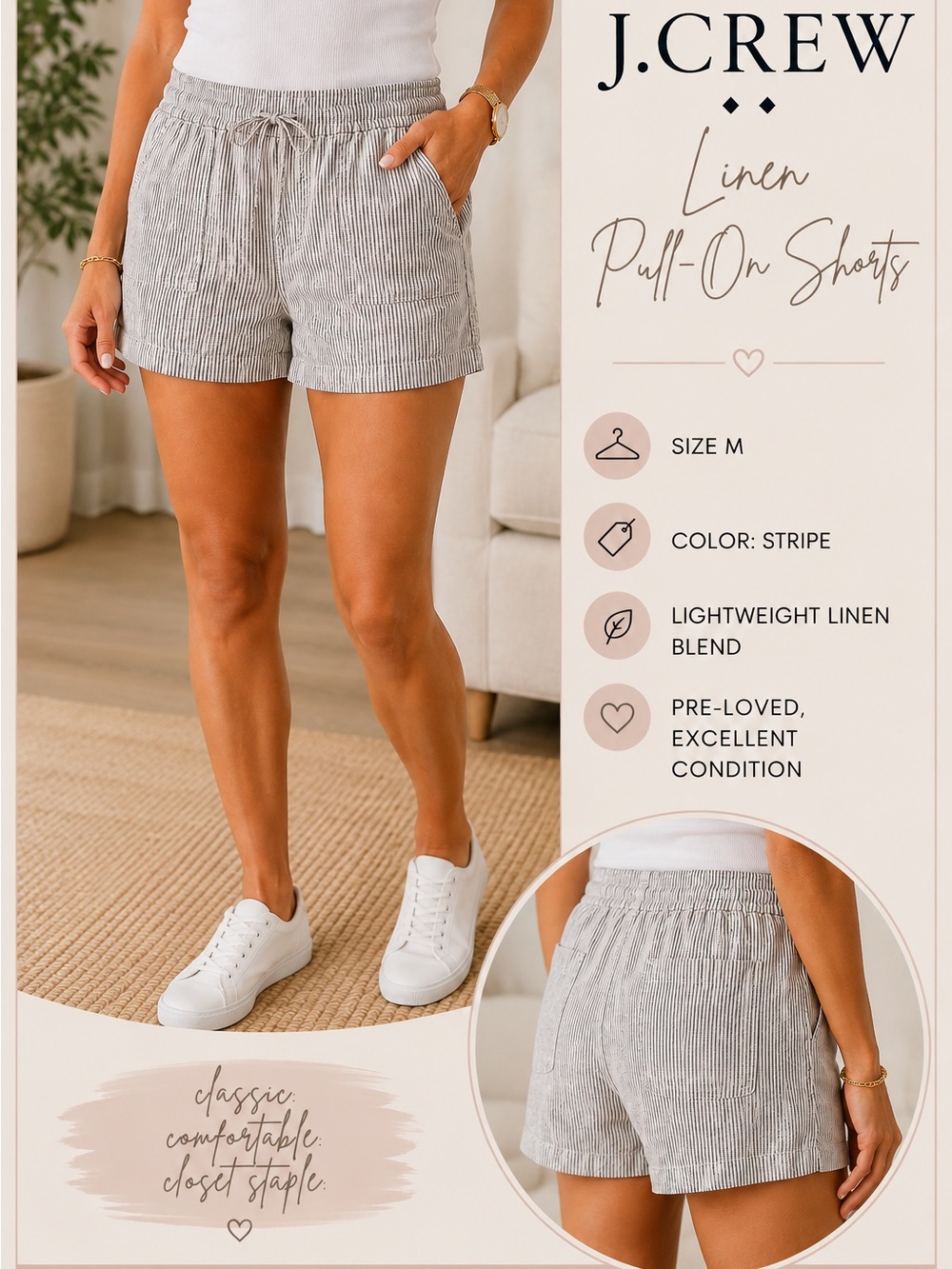 J. Crew Women's Linen Stripe Pull-On Shorts - Gray Stripe